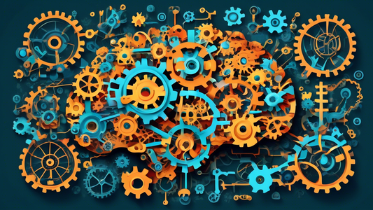 An abstract depiction of a brain filled with gears and cogs, with pathways forming new connections and expanding outward in all directions, symbolizing the growth mindset and lifelong learning.