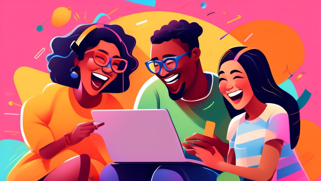 A diverse group of family members laughing and interacting while using a variety of digital devices for online learning, with a colorful and playful background.