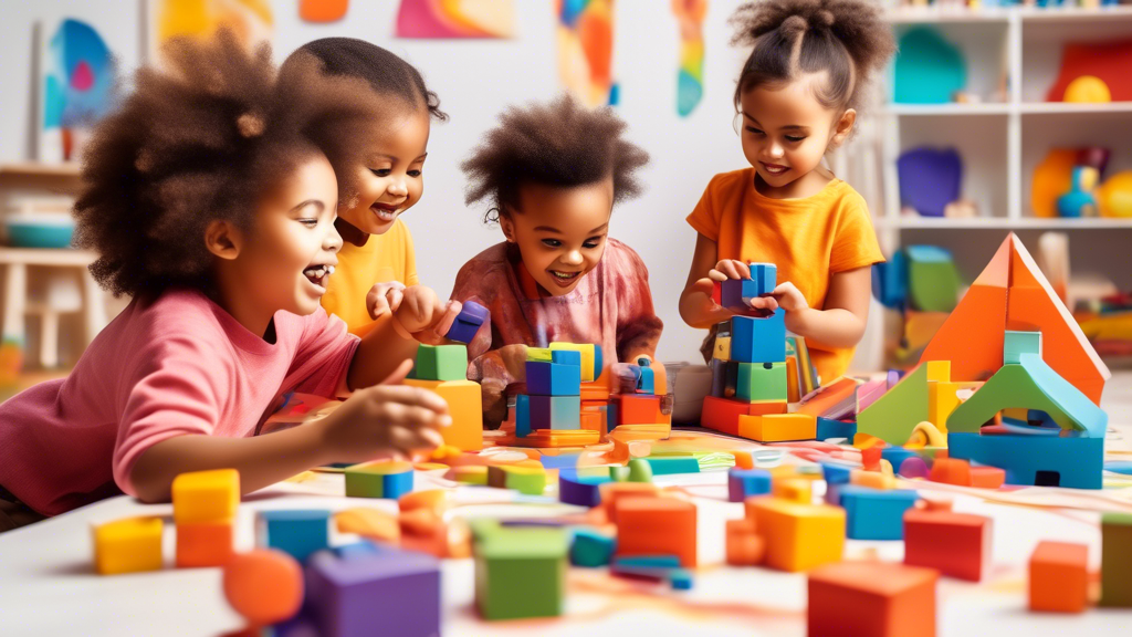 A dynamic and vibrant image representing the transformative power of play-based learning on cognitive development. Depict children engaged in diverse playful activities, surrounded by a colorful and s