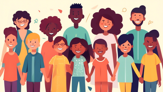 Create an image of a group of diverse children and adults holding hands and smiling, representing the collaboration between parents and educators in fostering a growth mindset. The image should convey