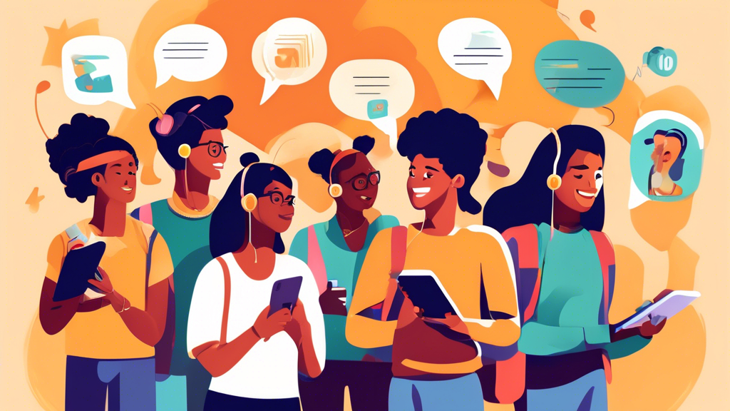 An illustration of a group of diverse students listening to audiobooks on their devices, with speech bubbles above their heads representing the improved English language skills they are acquiring, suc