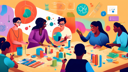 An illustration of a diverse group of educators participating in a multisensory learning workshop, where they are using various manipulatives, sensory materials, and visual aids to engage their studen