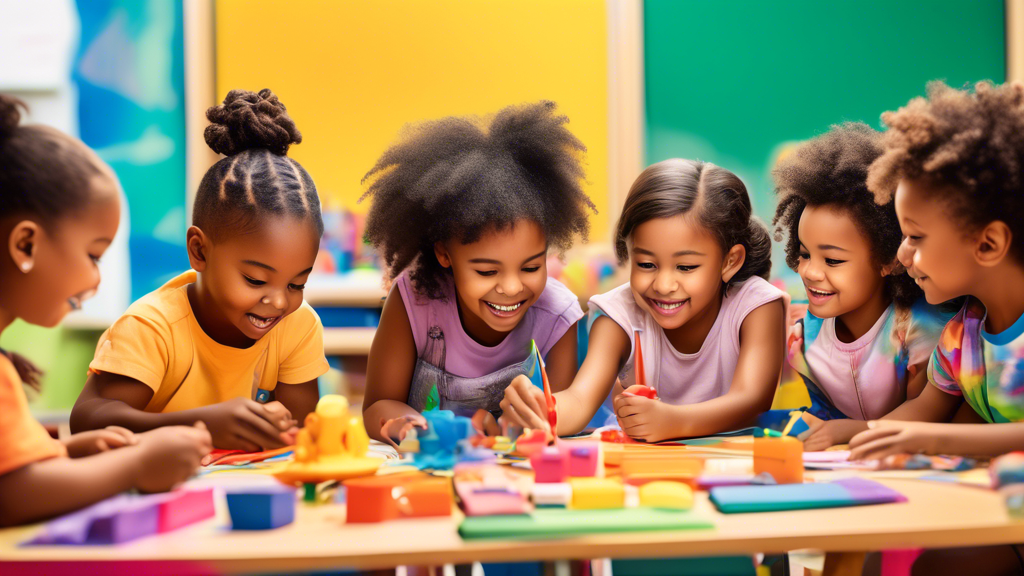 Create an image of a diverse group of young children engaged in various educational activities such as reading, drawing, and playing with educational toys in a colorful and stimulating classroom setting. Each child is visibly excited and happy, showc
