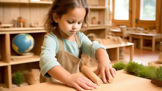 A Montessori or Waldorf classroom where children are engaged in various independent activities, fostering a sense of self-discovery and self-reliance. The classroom should have natural elements like w