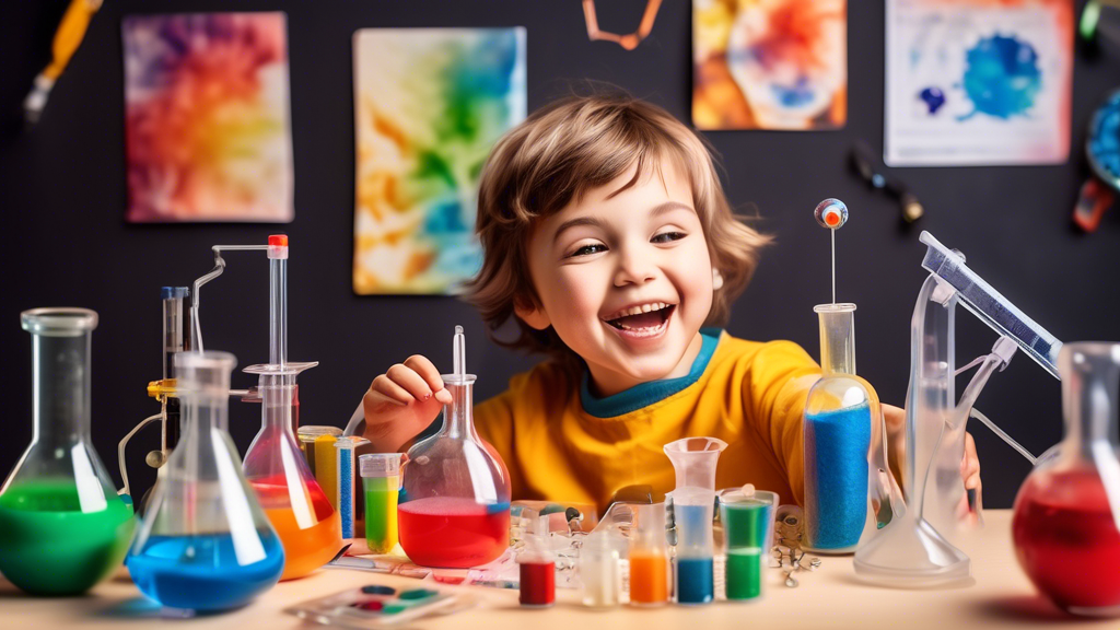 A colorful and engaging image that depicts a child conducting a science experiment using materials from a DIY kit. The child should be excited and smiling, surrounded by a display of scientific equipm
