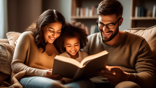 A family of three, sitting together in a cozy living room, engrossed in reading their favorite books. The room is filled with warmth and happiness, and the sound of pages turning can be heard.