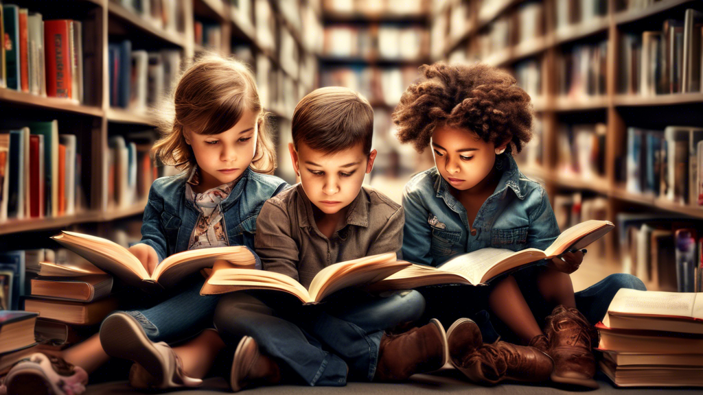 A photo-realistic image of three young children sitting in a library or bookstore, surrounded by stacks of books. The children are all reading different books, and they are all engrossed in their read