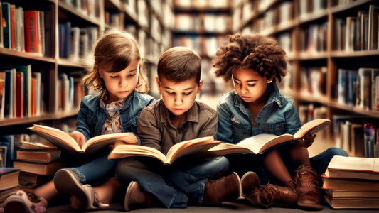 A photo-realistic image of three young children sitting in a library or bookstore, surrounded by stacks of books. The children are all reading different books, and they are all engrossed in their read