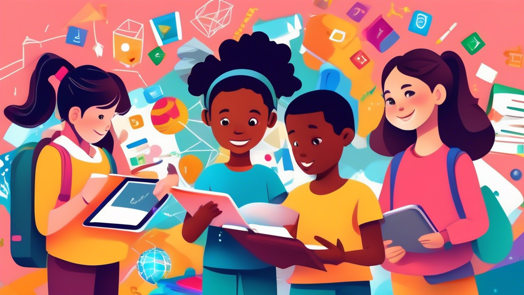 Create an image of children using various learning apps on tablets and laptops, surrounded by colorful educational elements such as books, pencils, and globes, representing the concept of empowering y