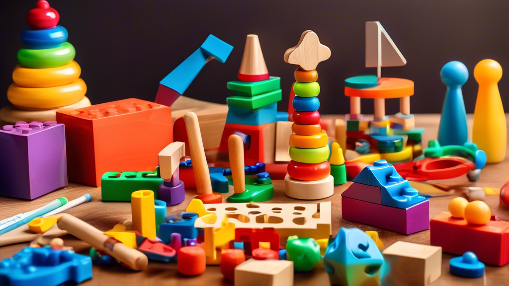 A colorful assortment of educational toys for little learners, arranged on a child's table. The toys include building blocks, puzzles, books, and musical instruments.