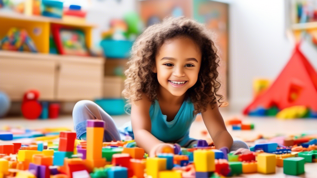 Create an image of a colorful and vibrant playroom filled with various interactive toys such as building blocks, puzzles, art supplies, and educational games. Show a child happily engaged in play, showcasing the benefits of playing with interactive t