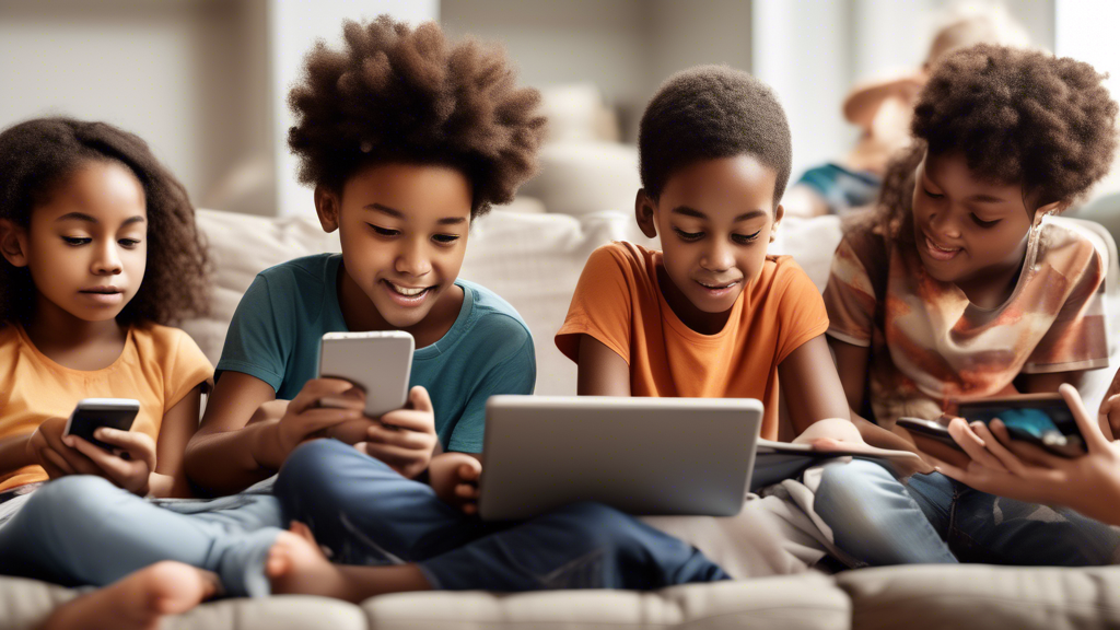 An image of a diverse group of children engaging in various screen activities, such as watching TV, playing video games, using a tablet, and on their phones. Some children are shown with limited screen time, engaging in outdoor play or reading a book