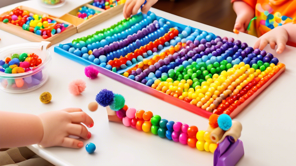 Create an image of a colorful and engaging fine motor skills activity station for preschoolers, featuring items like rainbow-colored beads, mini pom poms, toy blocks, and child-safe scissors, all arranged on a bright and interactive play table. The s
