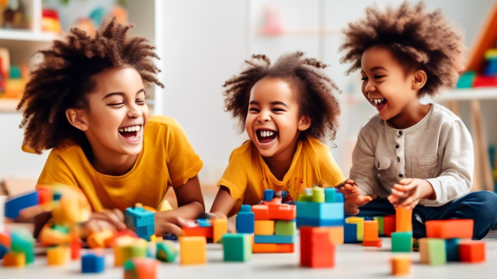 A group of young children laughing and playing together, surrounded by colorful building blocks and educational toys, with a teacher or caregiver smiling in the background
