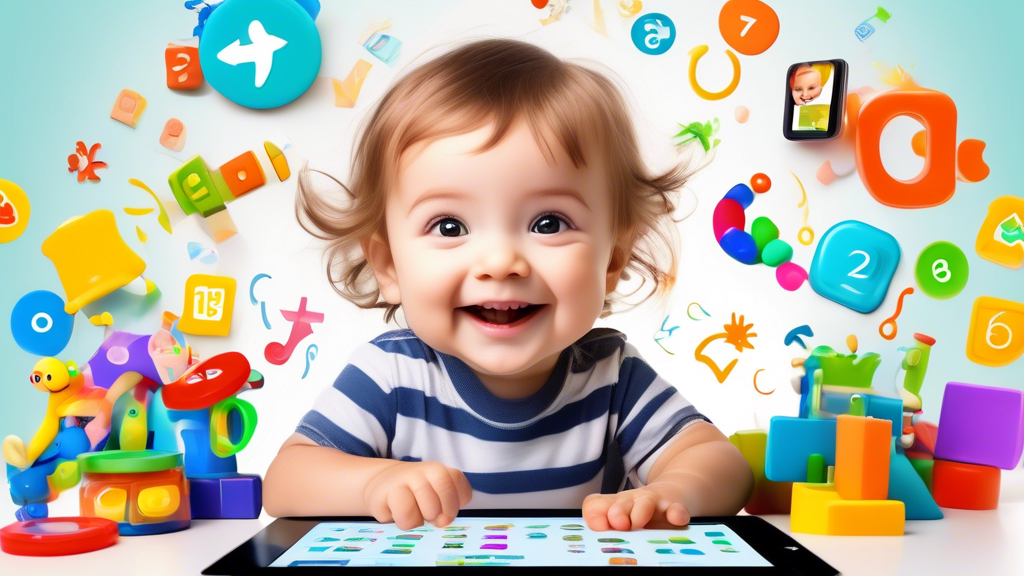 Create an image of a cheerful toddler surrounded by colorful and interactive educational apps on a tablet. The apps should feature engaging content like numbers, letters, shapes, and animals to promote learning and development. The toddler should be 