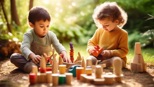Create an image depicting two young children deeply engaged in imaginative play with an assortment of natural and educational toys, surrounded by light and nature, showcasing the principles of both th
