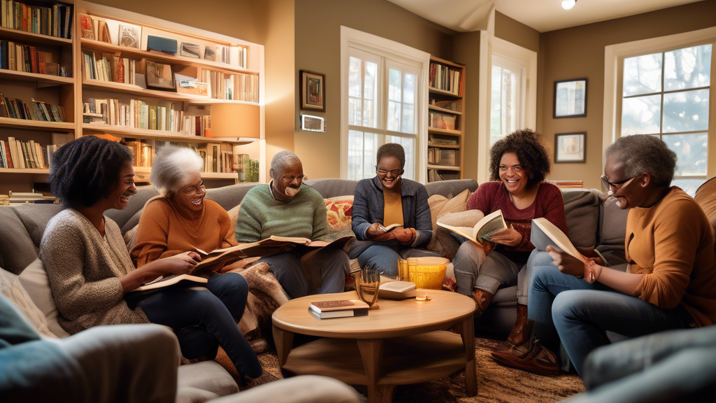 A diverse group of people of all ages, races, and genders gathered in a cozy and inviting living room, sharing laughter and engaging in lively discussions while reading books together. The books are a