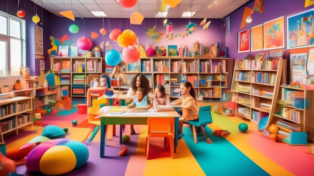 A vibrant and whimsical classroom filled with colorful books, playful props, and children engaged in laughter and interactive learning activities that foster literacy skills.