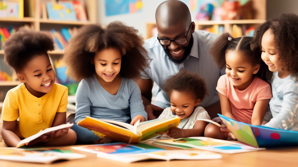 Create an image of a diverse group of parents and educators engaging in various early literacy activities with children, such as reading books, practicing writing, and playing educational games. The scene should convey a warm and inviting atmosphere 