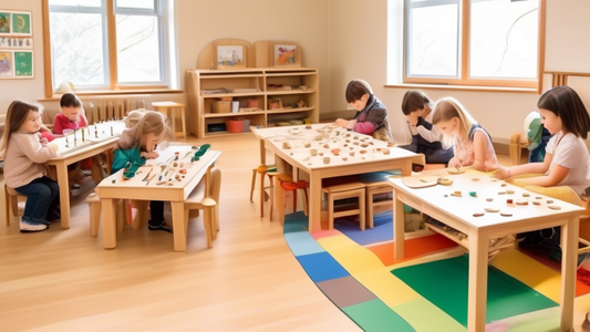A side-by-side comparison of a Montessori classroom and a Waldorf classroom, with children engaged in activities representative of each educational approach. The Montessori classroom should feature pr