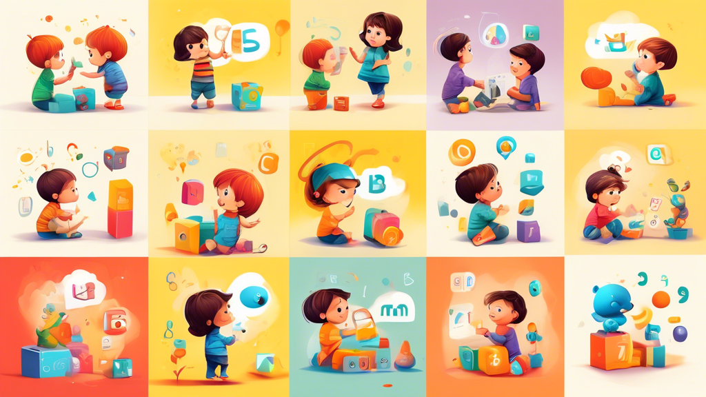 A series of illustrations depicting different apps for toddlers, each showcasing a specific thinking skill being developed, such as problem-solving, creativity, language development, and memory. The i