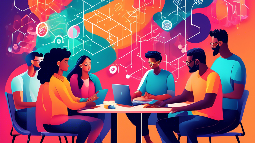 A group of diverse individuals brainstorming and collaborating in a vibrant and interconnected space, with their thoughts and ideas forming dynamic patterns and connections that radiate throughout the