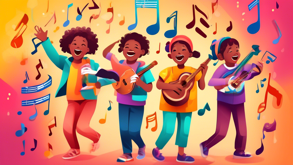 A colorful and engaging image that illustrates the role of music in early learning, such as children singing, playing instruments, and moving to the beat. The image should convey the joyful and educat