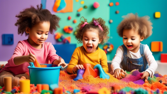 A vibrant and whimsical scene depicting children engaged in various sensory play activities that stimulate their cognitive development, such as exploring tactile materials, engaging in imaginative pla