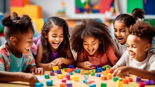 A group of diverse children playing and learning together in an interactive environment, where critical thinking is encouraged and fostered. The image should convey a sense of joy, creativity, and col