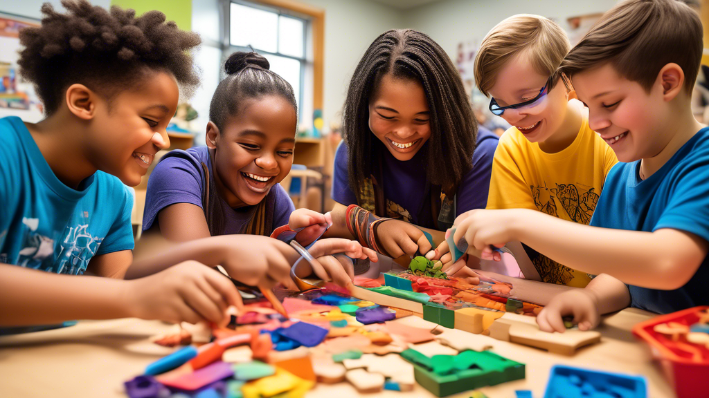 A vibrant and detailed image of a diverse group of students with special needs engaged in hands-on learning activities. The students are smiling, collaborating, and exploring various hands-on material