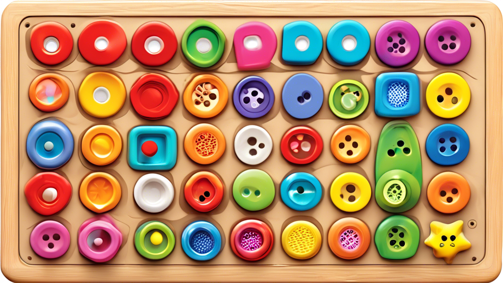 Create an image of a colorful and engaging interactive learning tool designed for toddlers, featuring buttons, lights, and different textures to aid in early childhood development. The tool should be suitable for teaching concepts such as shapes, col