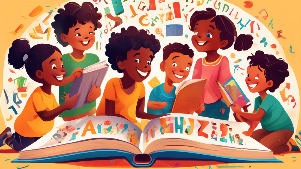 A group of diverse children gathered around a large open book, surrounded by colorful letters and illustrations. The children are eagerly reading, smiling, and pointing to different parts of the book.