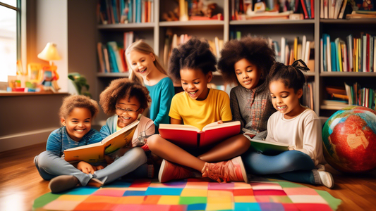 A colorful and diverse group of children in a cozy and inviting home library, surrounded by books and reading materials, engaged in reading and storytelling activities, fostering a love of reading and