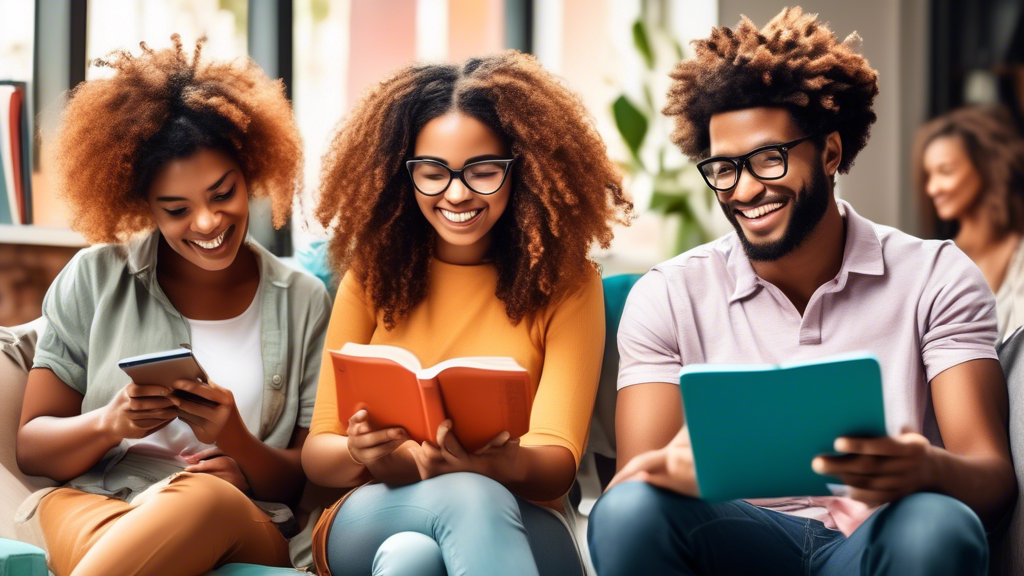 A group of diverse people engaged in various activities that demonstrate literacy in everyday life, such as reading a book, writing in a journal, sending a text message, or using a computer.