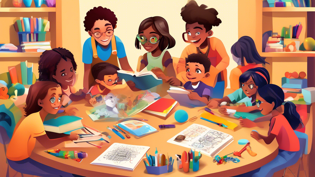 Create an image of a diverse group of young students surrounded by various educational tools, with each student engaged with a tool that is age-appropriate and tailored to their individual learning needs. Show a spectrum of tools such as books, table