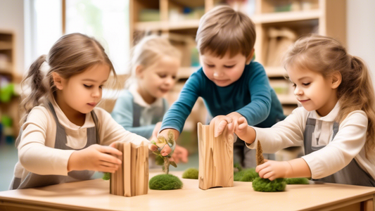 A nurturing and playful environment in a classroom, where children are engaged in hands-on activities and imaginative play that promotes emotional intelligence. Montessori materials and natural elemen