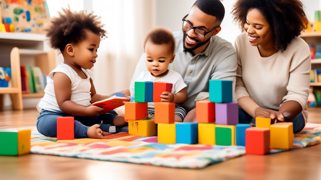 Create an image of a diverse group of infants engaging in literacy activities, such as looking at picture books, playing with alphabet blocks, and listening to a caregiver read aloud. The setting should be warm and inviting, with colorful educational