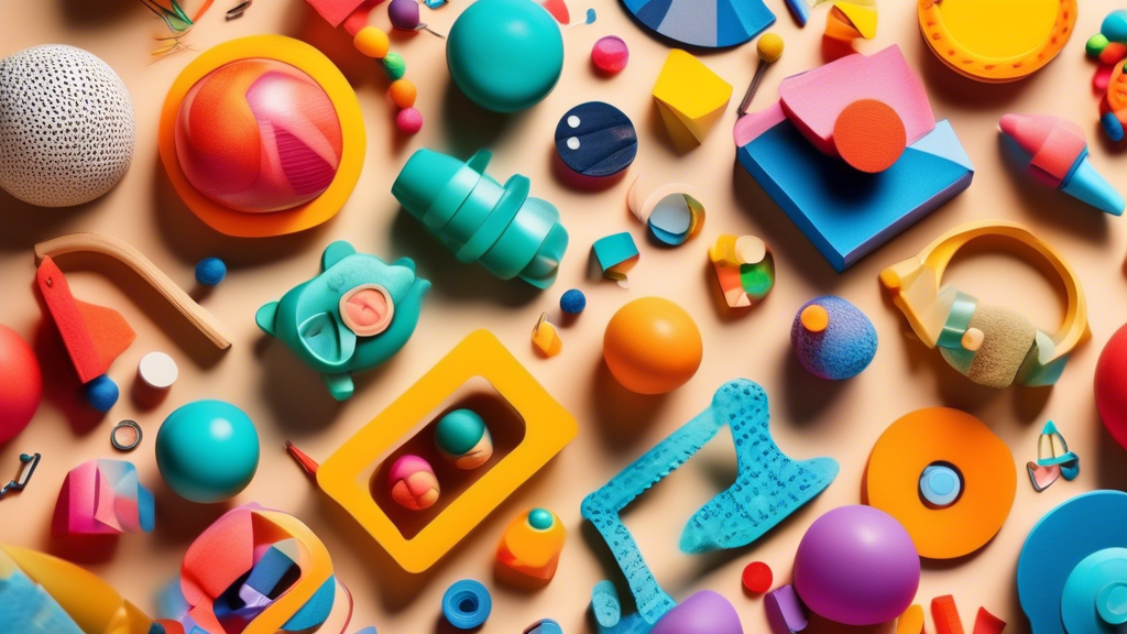 A collage of colorful toys that stimulate the senses of touch, sound, and sight, arranged in a playful composition with a focus on textures, shapes, and patterns.