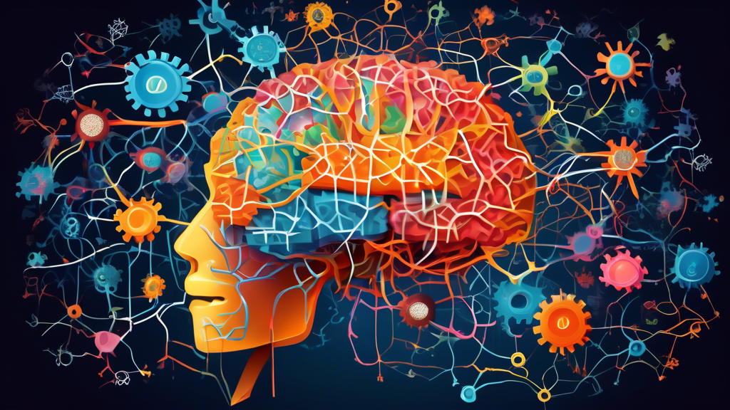 A vivid depiction of a brain surrounded by a network of interconnected neurons, gears, and books, symbolizing the growth mindset's transformative impact on cognitive development. The image should conv