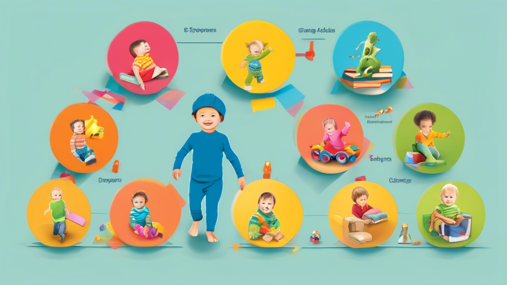 A colorful and engaging image showing a progression of a child's cognitive development stages, from infancy to adolescence. Each stage should be visually represented with distinct characteristics, such as toys for play, books for learning, and comput