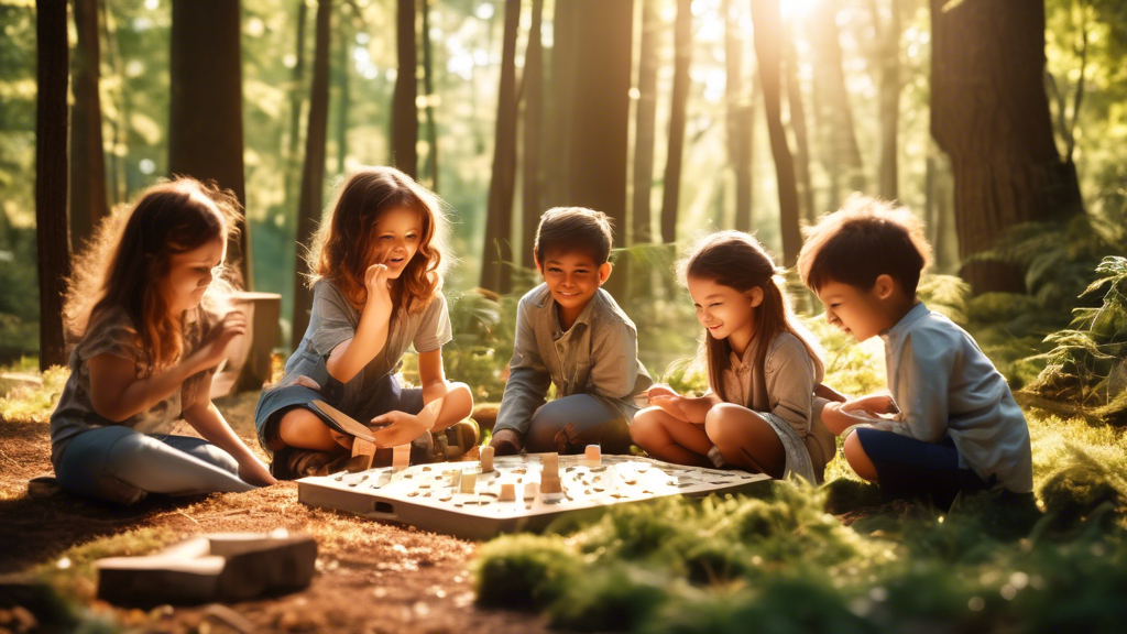 A group of children playing educational games outdoors in a forest, with trees, plants, and sunlight visible in the background. The children are engaged in various activities, such as building a fort,