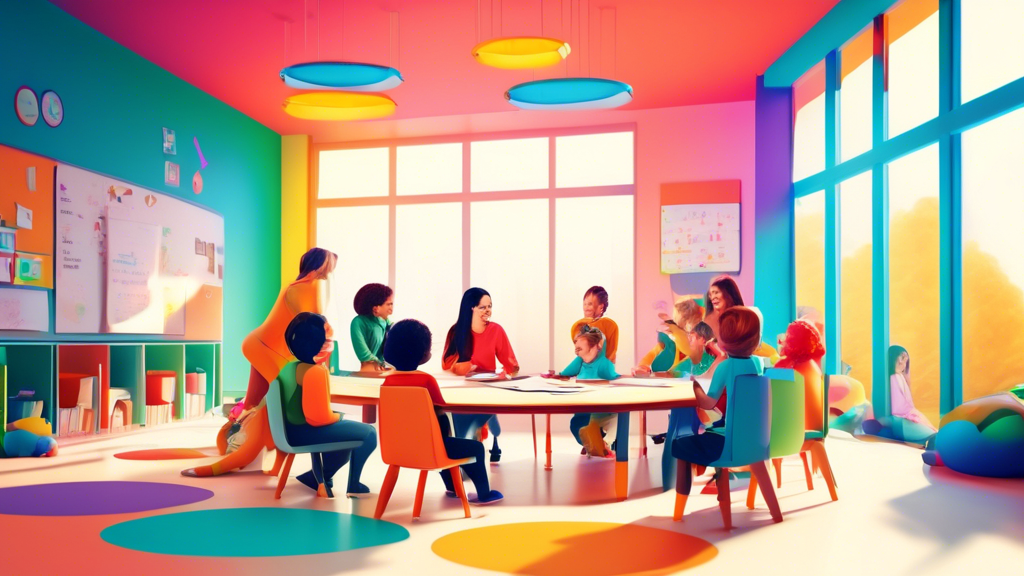 A colorful and modern classroom with a large window, children sitting on the floor in a circle with a teacher, and parents sitting around a table having a meeting. The image should convey a sense of c