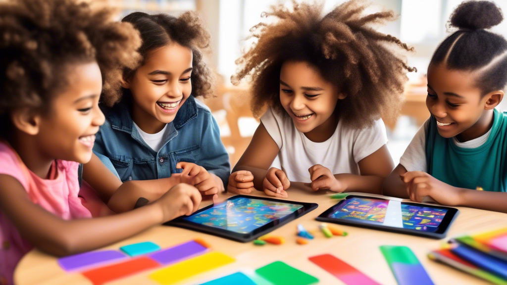 A diverse group of children gathered around a table using interactive literacy tools, such as tablets and educational games. The children are smiling and engaged in their learning.