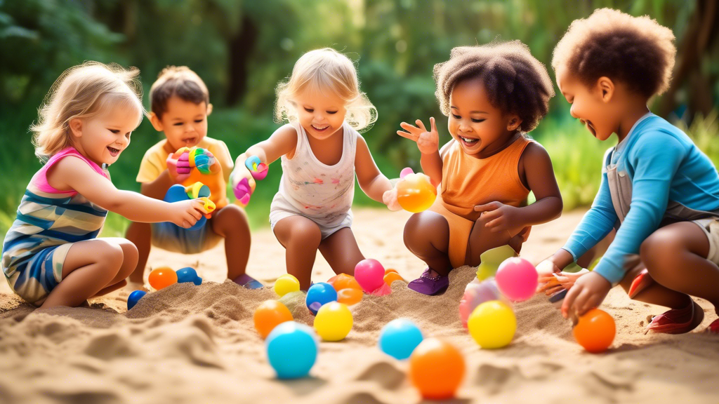 Create an image of a group of toddlers playing with colorful educational toys and engaging in outdoor activities, such as blowing bubbles, playing with sand or exploring a nature trail. Show them laughing and having fun while learning and growing thr