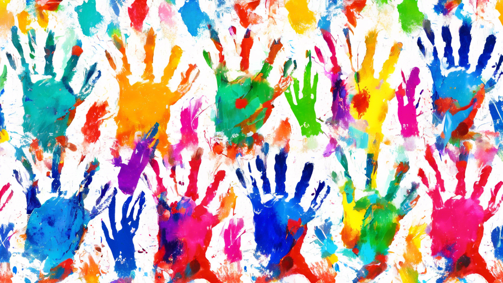 A brightly colored, imaginative art project created by a young child, filled with colorful brush strokes, hand prints, and crayon drawings. The project is messy and full of life and the joy of creativ