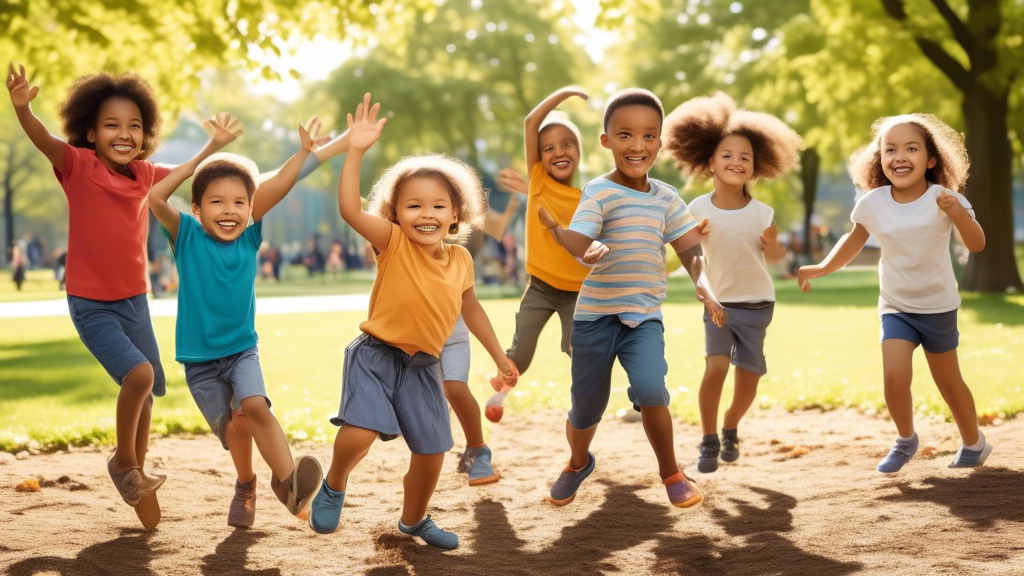 Create an image of a group of children playing in a park, engaging in a variety of fun outdoor activities that promote gross motor skills development. Activities could include playing tag, climbing on monkey bars, jumping rope, kicking a soccer ball,