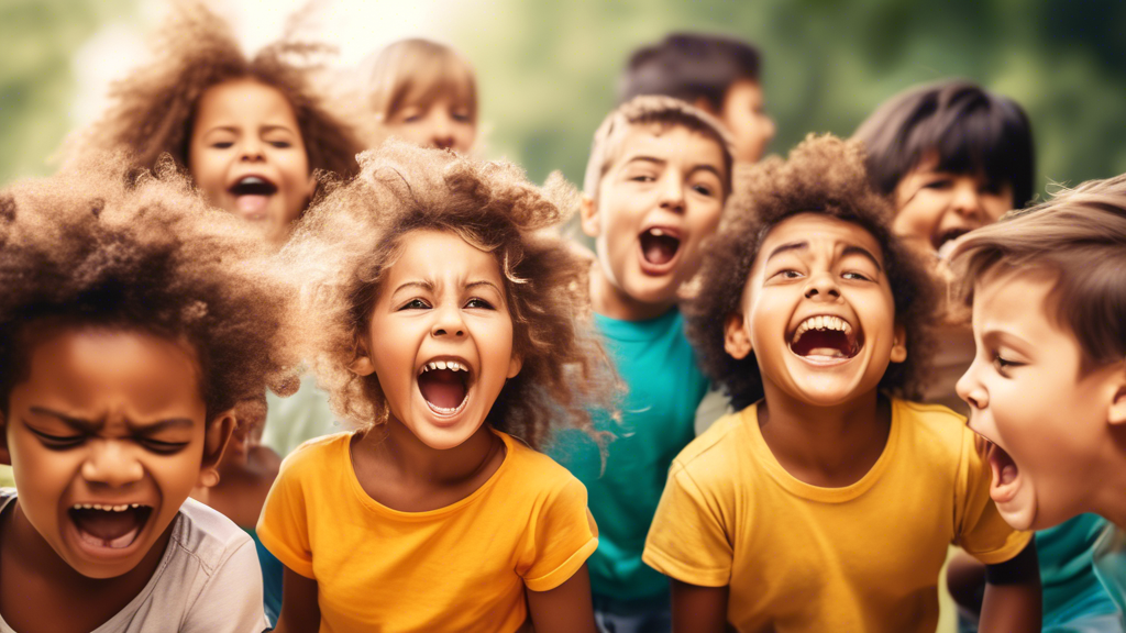 Generate an image of a group of children playing together, their faces expressing various emotions such as joy, excitement, sadness, and anger. The image should convey the idea that play can help chil