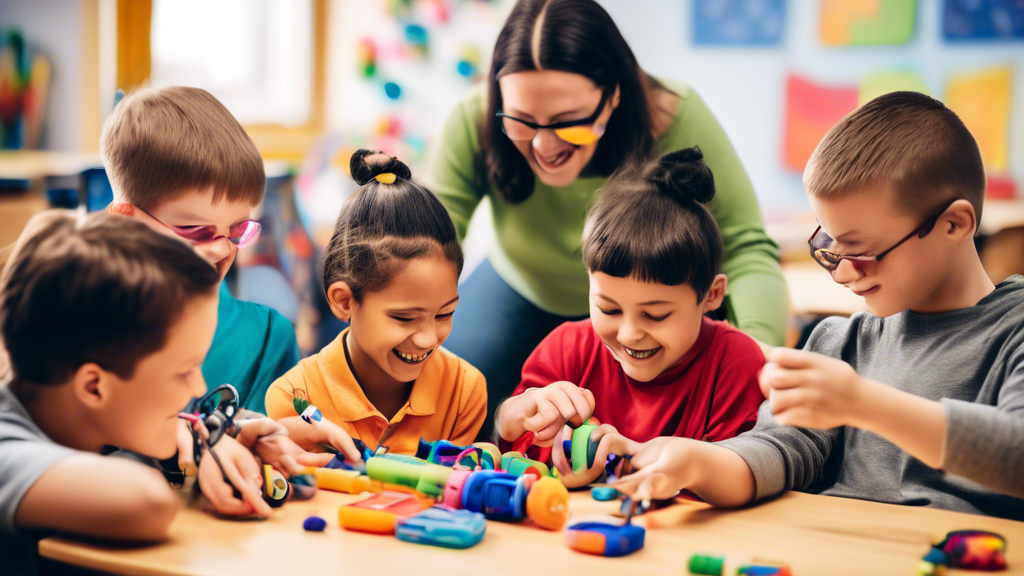 A classroom filled with children with disabilities using multisensory learning tools, such as fidget toys, manipulatives, and technology, to engage in learning activities that are tailored to their in