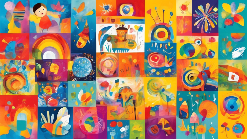 A collection of seven diverse art projects designed for children, each representing a different art medium or technique, arranged in a visually appealing and inspiring manner. The projects should show