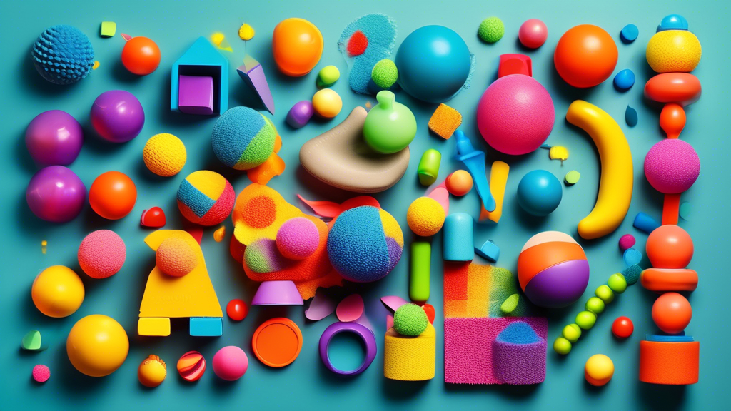 Create an image of a colorful and engaging sensory toy set for toddlers, featuring various textures, shapes, and sizes to stimulate their senses and enhance their development. Include toys like squishy sensory balls, textured sensory blocks, and vibr